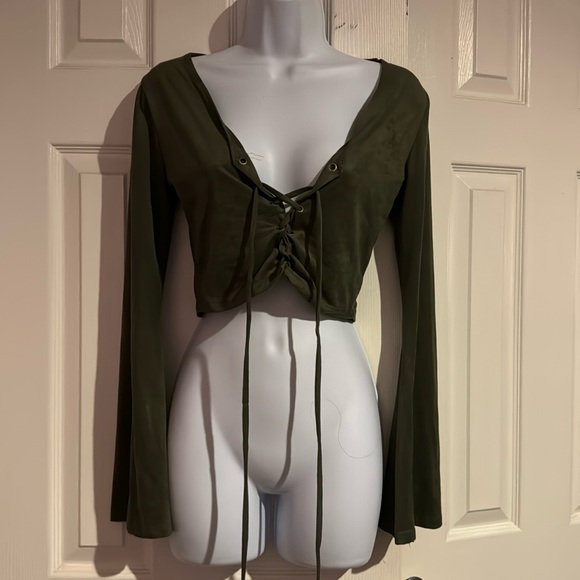 Olive suede bell sleeve Top - Picture 1 of 2